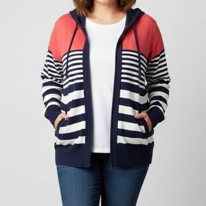 Addition Elle Size 1X Cotton Blend Hooded Striped Knitted Zip Up Sweater Blue